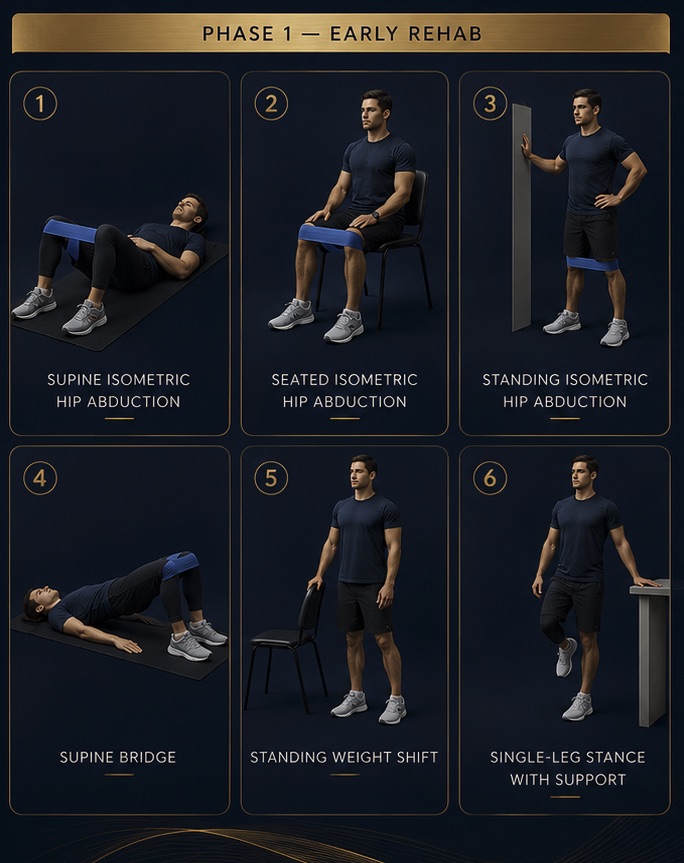 Phase 1 early rehab exercise program: supine isometric hip abduction, seated isometric hip abduction, standing isometric hip abduction, supine bridge, standing weight shift, single-leg stance with support