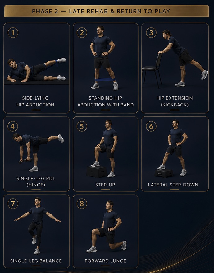 Phase 2 late rehab and return to play exercise program: side-lying hip abduction, standing hip abduction with band, hip extension kickback, single-leg RDL hinge, step-up, lateral step down, single-leg balance, forward lunge