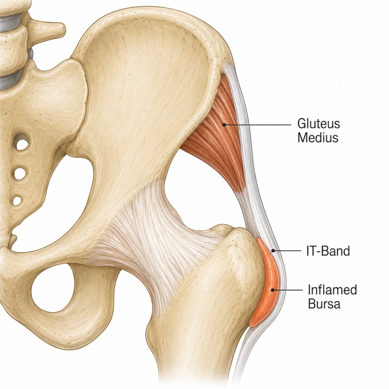 The gluteus medius muscle, IT-band and inflamed bursa on the outer hip