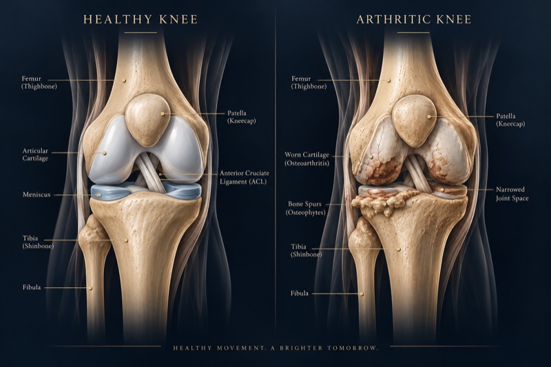 A healthy knee compared with an arthritic knee, showing the femur, patella, articular cartilage, meniscus, tibia and fibula, and the worn cartilage, narrowed joint space and bone spurs of osteoarthritis