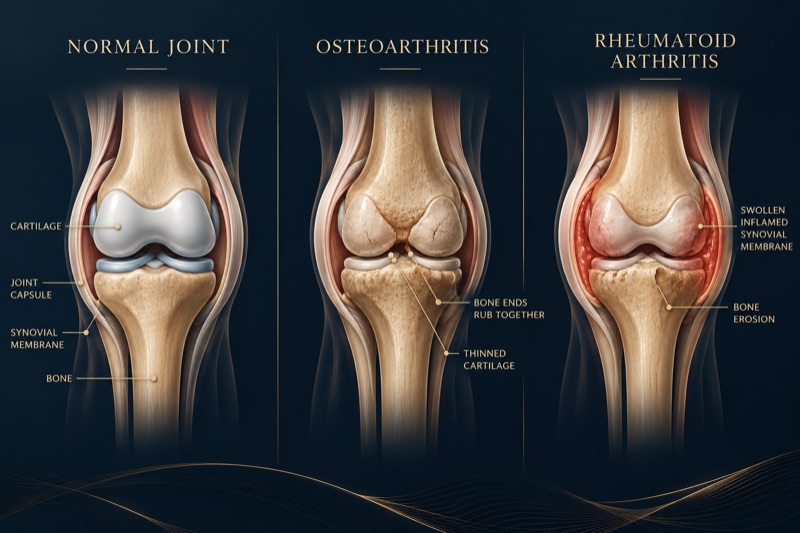 Diagram comparing a normal knee, osteoarthritis and rheumatoid arthritis