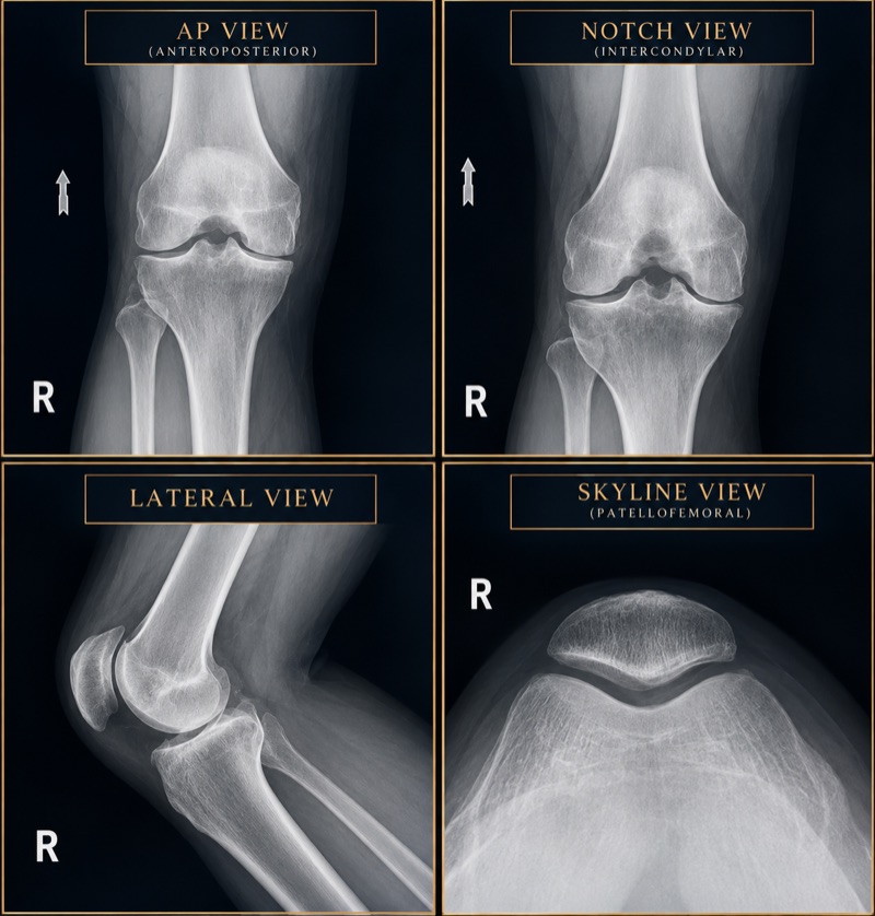 Four X-ray views of the knee: an AP (anteroposterior) view, a notch (intercondylar) view, a lateral view, and a skyline (patellofemoral) view