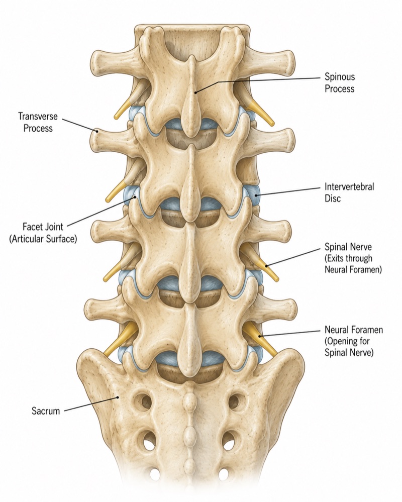 Posterior view of the lumbar spine showing vertebrae, intervertebral discs, facet joints, spinal nerves and the sacrum