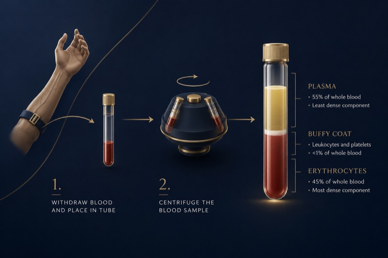 Platelet-rich plasma preparation: blood is withdrawn, centrifuged, and separated into plasma, buffy coat and erythrocytes