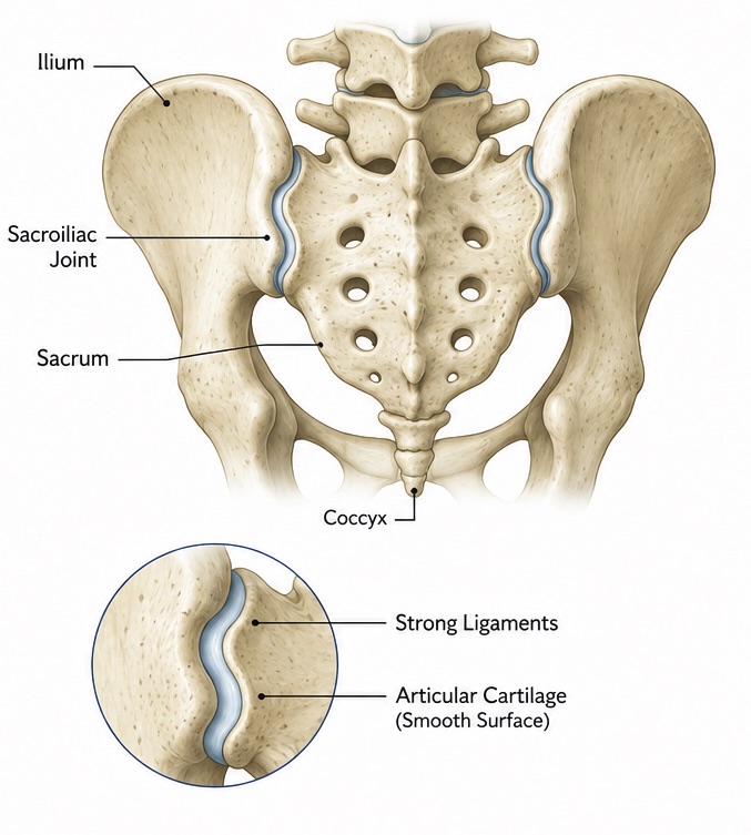 Posterior view of the pelvis showing the sacroiliac joint, sacrum, coccyx and ilium, with a detail of the joint cartilage and ligaments